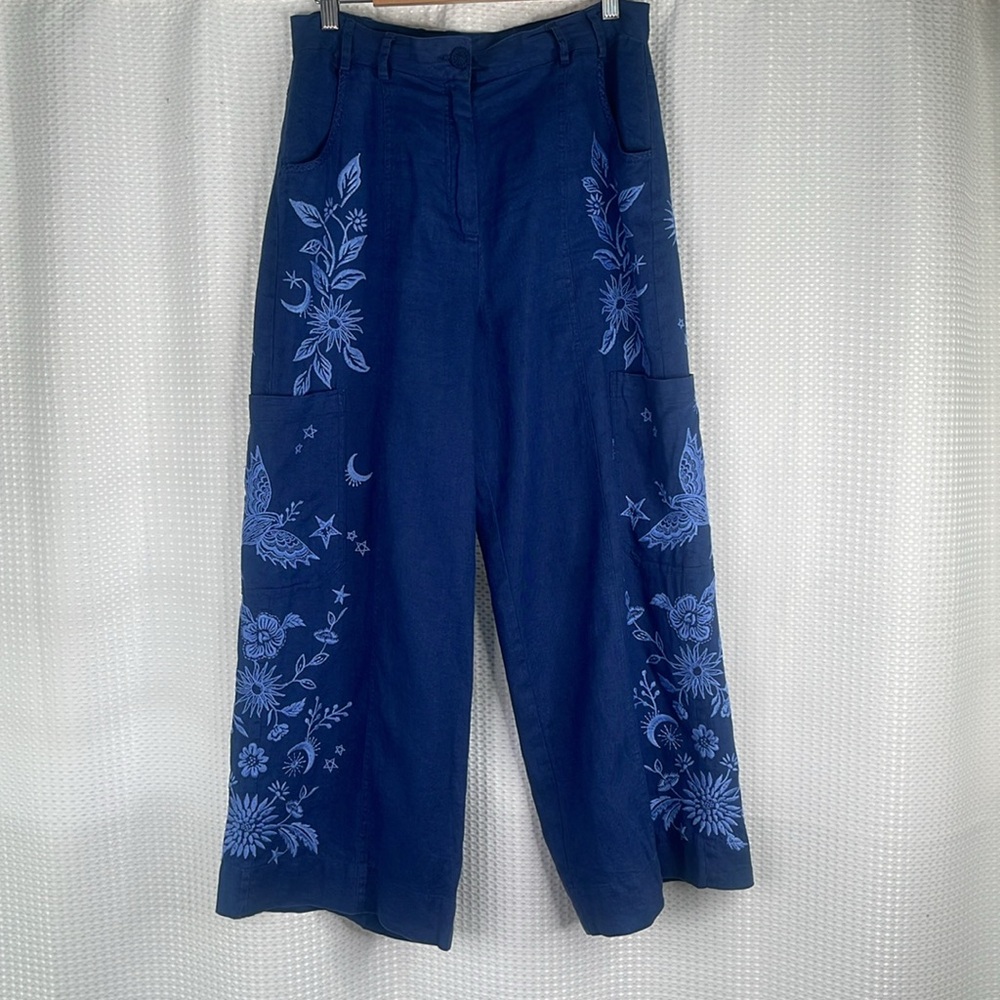 Johnny Was JW Los Angeles Oleander Linen Wide Leg Cropped Pants Embroidered Sz 6 - Picture 6 of 14